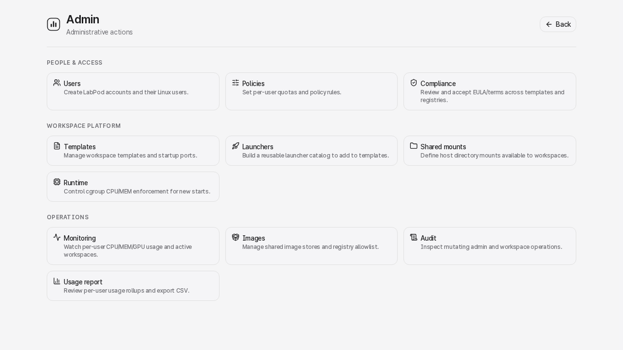 Admin hub with cards for users, templates, resources, images, audit, usage, and license