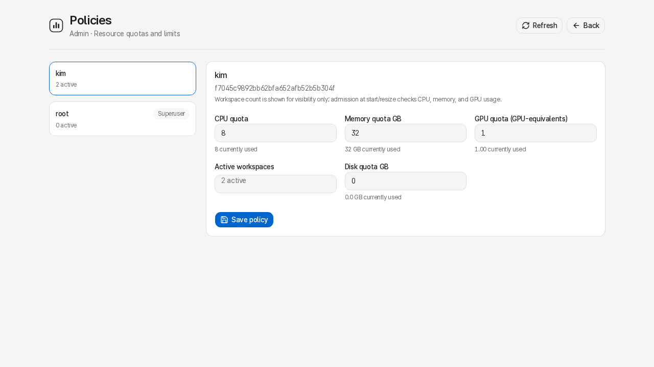 Admin Policies page - per-user CPU, memory, GPU, and disk-alert fields with current usage shown