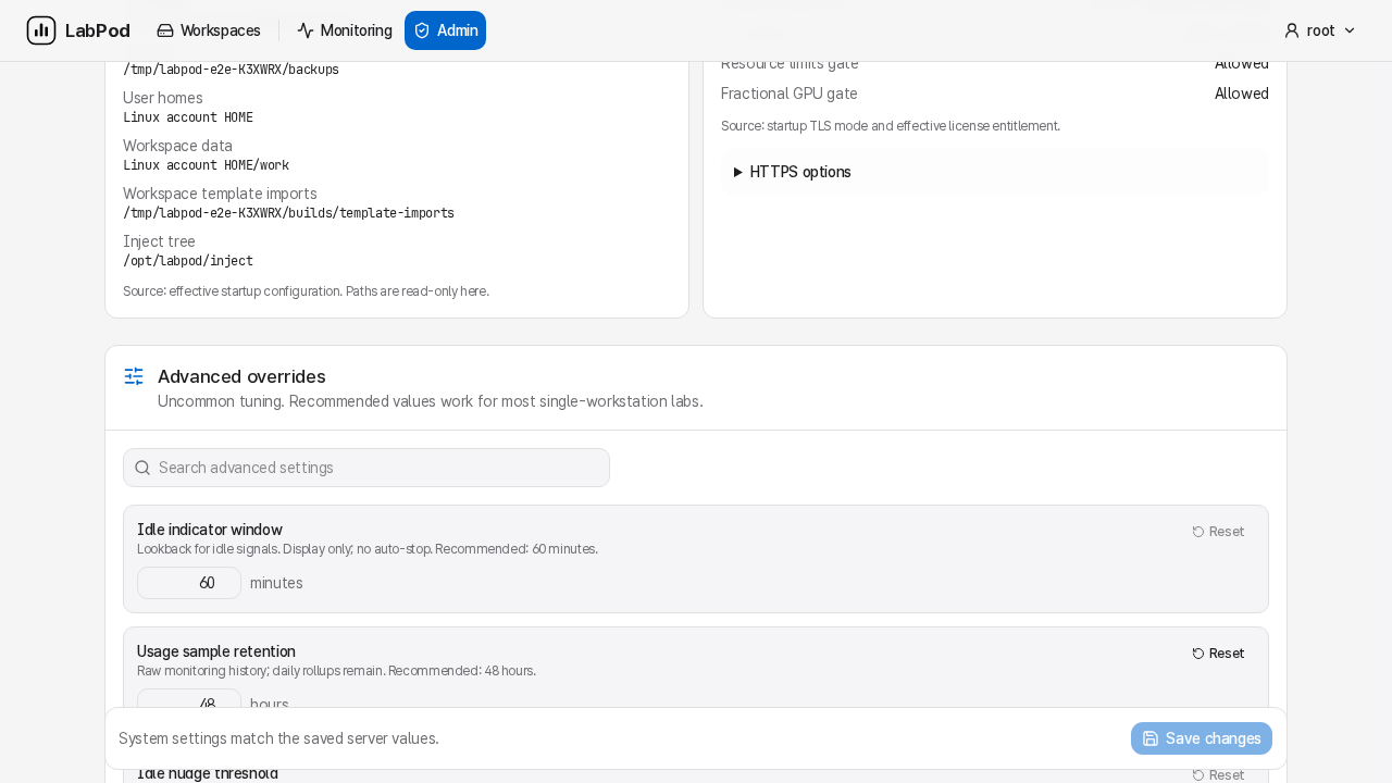 System page showing detected capabilities and the Advanced overrides section