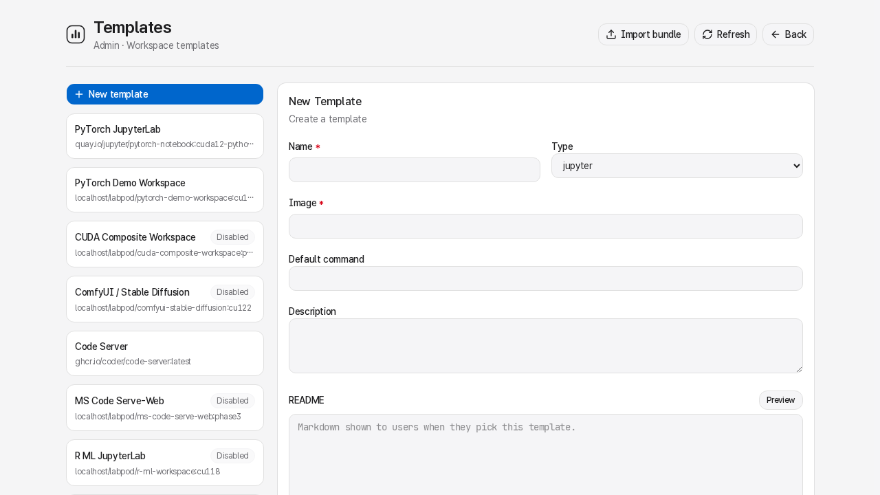 Admin Templates page - template list with enabled/disabled status, New Template form