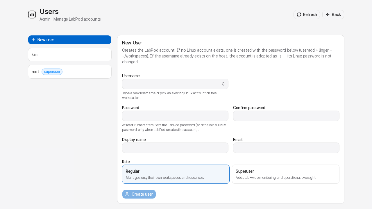 Admin Users page - user list on the left, New User form on the right