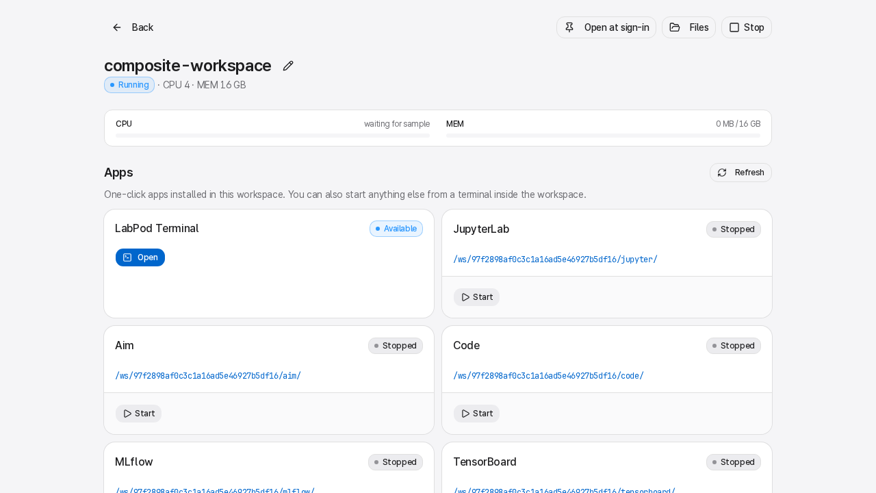CUDA Composite Workspace with all launchers - LabPod Terminal, JupyterLab, code-server, MLflow, TensorBoard