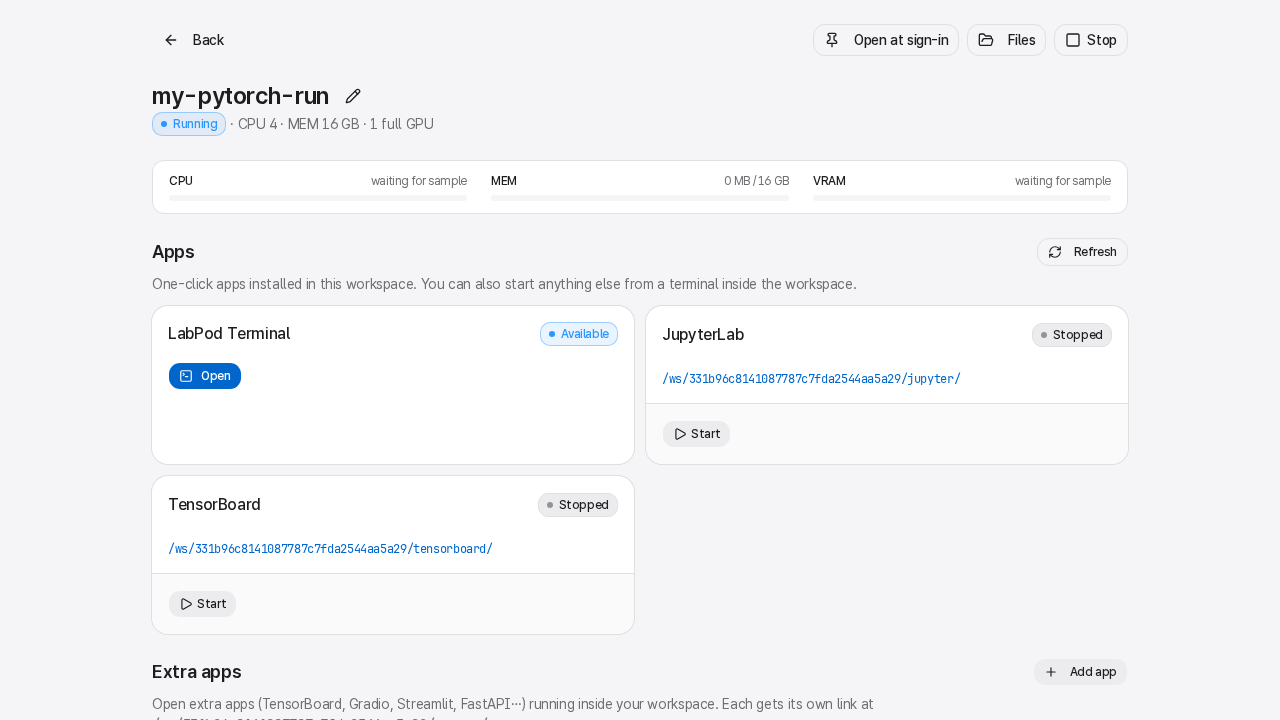 Workspace detail page with lifecycle controls and launcher cards