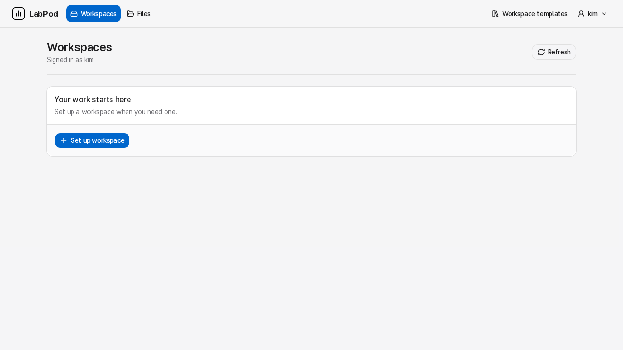Workspace list with no workspaces yet, showing the Set up workspace button and a resource summary