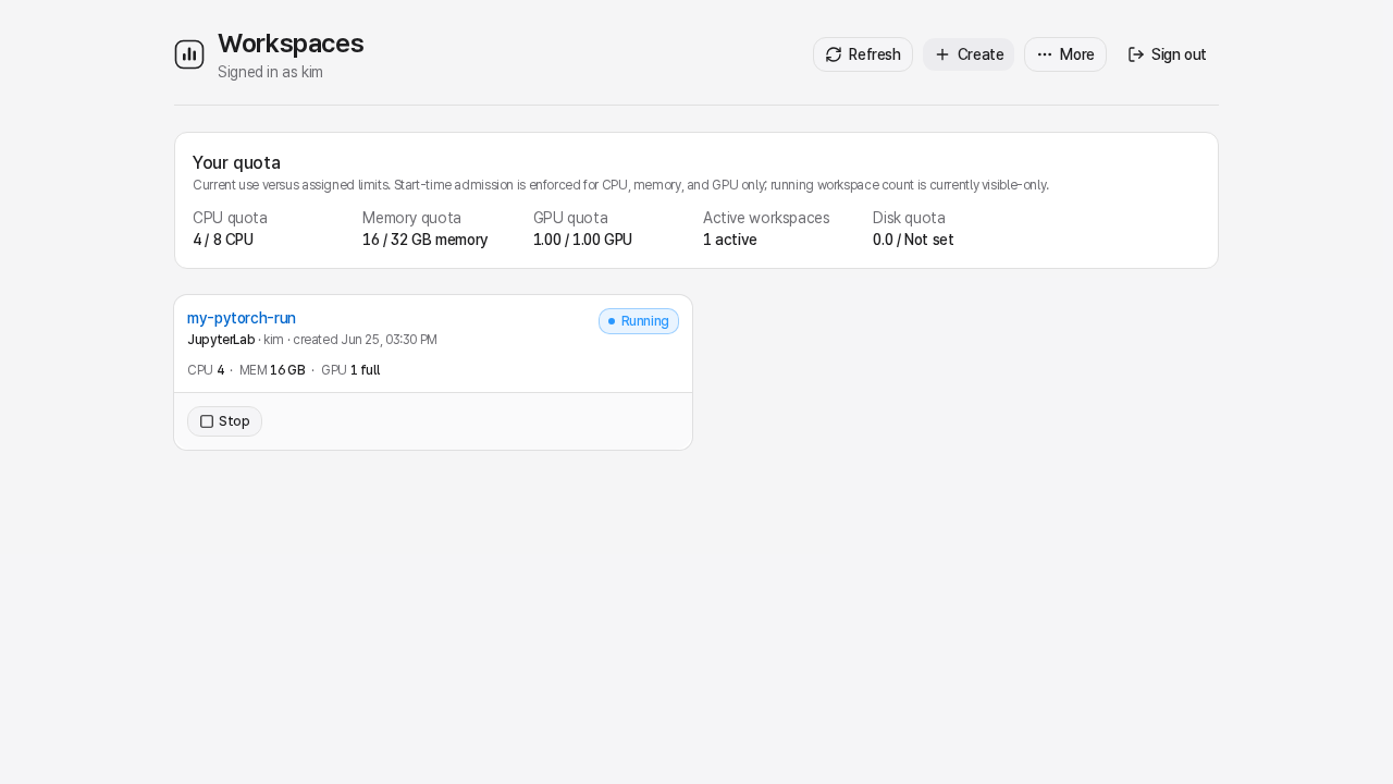 Workspace list showing a running workspace and quota summary