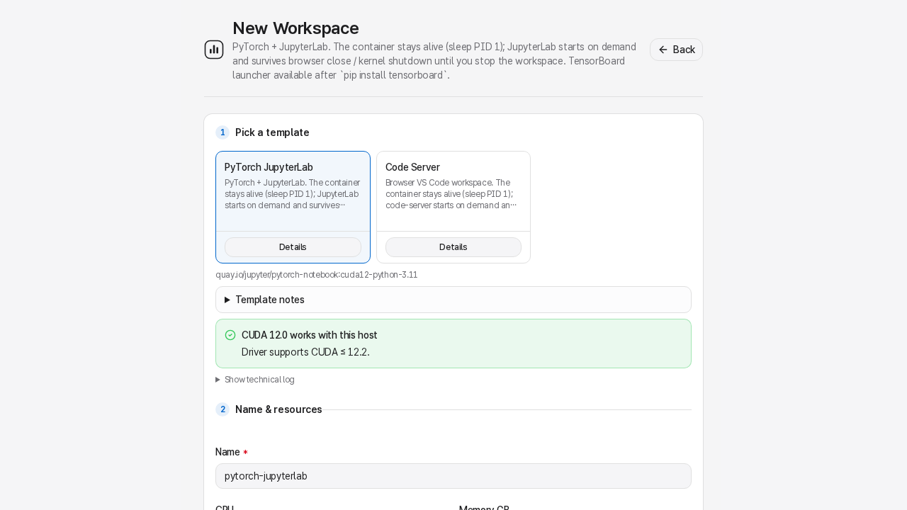 New workspace form with template picker and resource settings